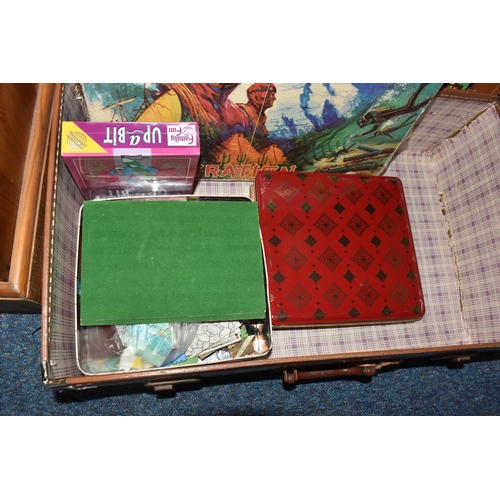 464 - ONE BOX AND LOOSE VINTAGE TINS AND GAMES etc., to include a brown leather trunk, cigarette cards, Cl... 