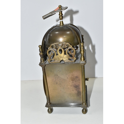 466 - A SMITHS EIGHT DAY LANTERN CLOCK, with brass case decorated with pierced and engraved dolphin/fish m... 