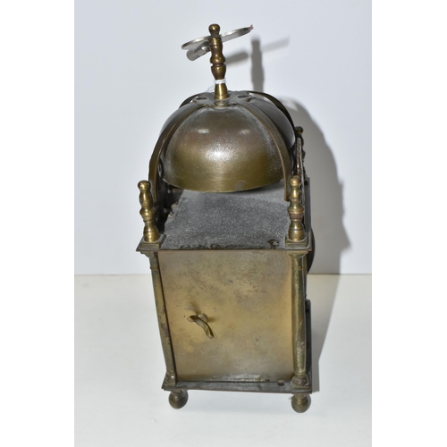 466 - A SMITHS EIGHT DAY LANTERN CLOCK, with brass case decorated with pierced and engraved dolphin/fish m... 