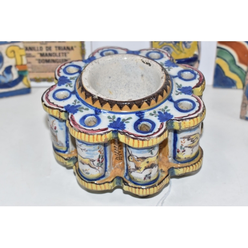 471 - A GROUP OF CONTINENTAL CERAMICS, comprising a tin glazed faience inkwell of lobed form, with central... 