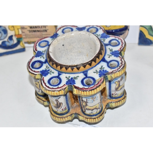 471 - A GROUP OF CONTINENTAL CERAMICS, comprising a tin glazed faience inkwell of lobed form, with central... 