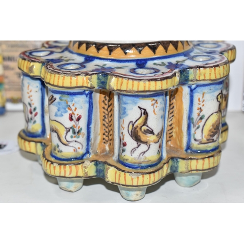 471 - A GROUP OF CONTINENTAL CERAMICS, comprising a tin glazed faience inkwell of lobed form, with central... 