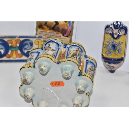 471 - A GROUP OF CONTINENTAL CERAMICS, comprising a tin glazed faience inkwell of lobed form, with central... 