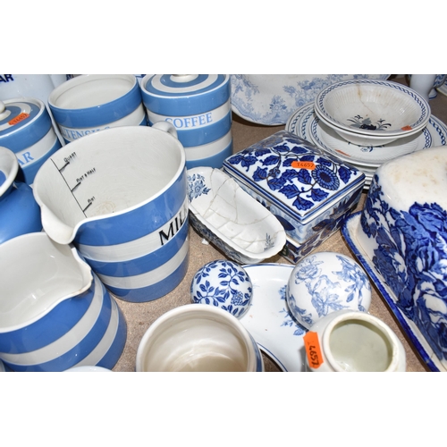 480 - A LARGE GROUP OF BLUE AND WHITE CERAMICS to include a group of T.G Green Cornish Ware comprising a m... 