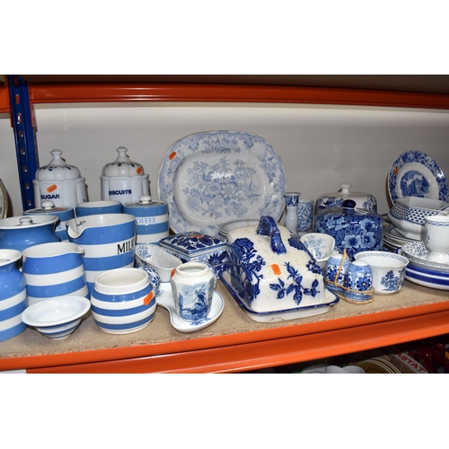 480 - A LARGE GROUP OF BLUE AND WHITE CERAMICS to include a group of T.G Green Cornish Ware comprising a m... 