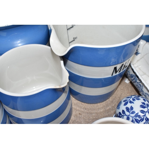 480 - A LARGE GROUP OF BLUE AND WHITE CERAMICS to include a group of T.G Green Cornish Ware comprising a m... 