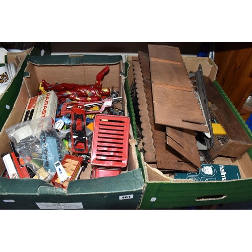 481 - TWO BOXES OF VINTAGE TOY CARS AND TRIANG RAILWAY ITEMS to include a box of vintage die cast toy cars... 