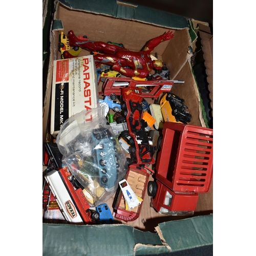 481 - TWO BOXES OF VINTAGE TOY CARS AND TRIANG RAILWAY ITEMS to include a box of vintage die cast toy cars... 