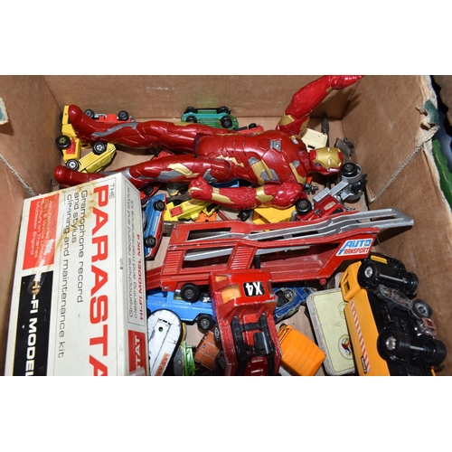 481 - TWO BOXES OF VINTAGE TOY CARS AND TRIANG RAILWAY ITEMS to include a box of vintage die cast toy cars... 