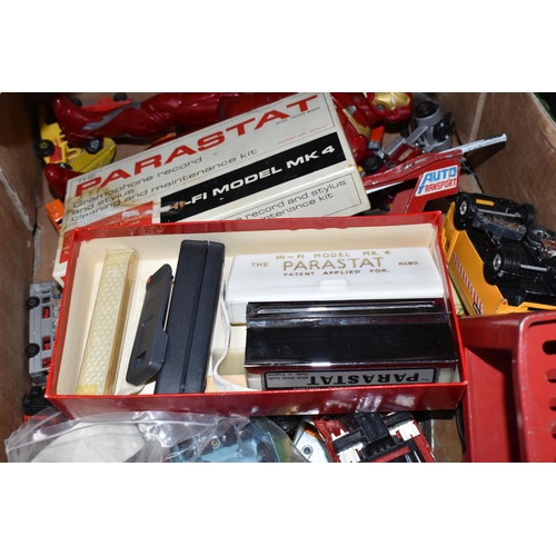 481 - TWO BOXES OF VINTAGE TOY CARS AND TRIANG RAILWAY ITEMS to include a box of vintage die cast toy cars... 