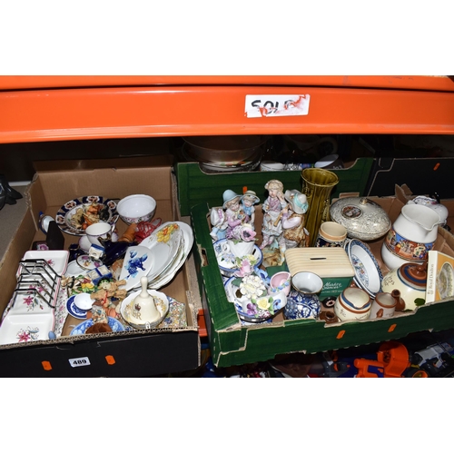 489 - FIVE BOXES OF CERAMICS AND GLASSWARE, to include Booth's blue and white 'Real Old Willow' large roun... 