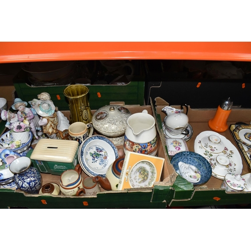 489 - FIVE BOXES OF CERAMICS AND GLASSWARE, to include Booth's blue and white 'Real Old Willow' large roun... 