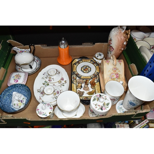 489 - FIVE BOXES OF CERAMICS AND GLASSWARE, to include Booth's blue and white 'Real Old Willow' large roun... 