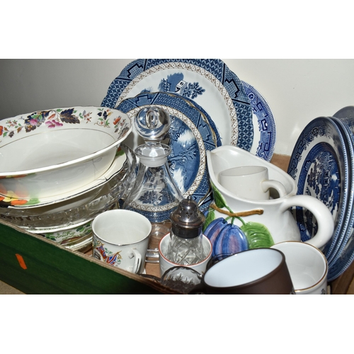 489 - FIVE BOXES OF CERAMICS AND GLASSWARE, to include Booth's blue and white 'Real Old Willow' large roun... 