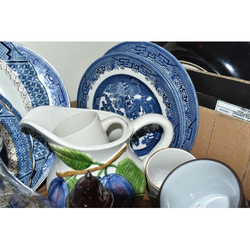 489 - FIVE BOXES OF CERAMICS AND GLASSWARE, to include Booth's blue and white 'Real Old Willow' large roun... 