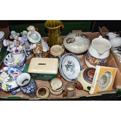 489 - FIVE BOXES OF CERAMICS AND GLASSWARE, to include Booth's blue and white 'Real Old Willow' large roun... 