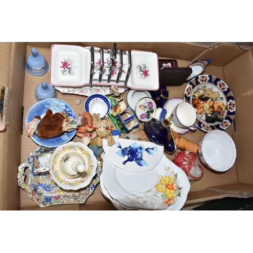 489 - FIVE BOXES OF CERAMICS AND GLASSWARE, to include Booth's blue and white 'Real Old Willow' large roun... 