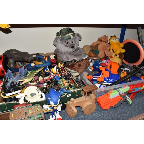 491 - FOUR BOXES AND LOOSE PLUSH TOYS, ACTION FIGURES ETC. to include five Nerf guns Alpha Trooper CS-12, ... 