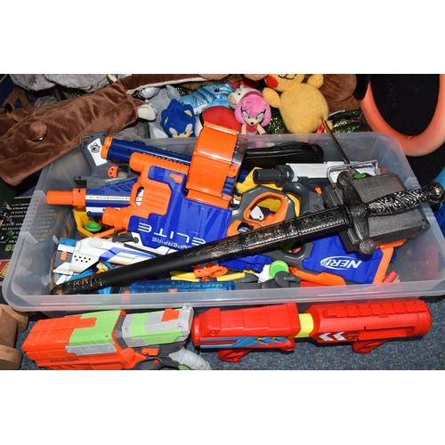 491 - FOUR BOXES AND LOOSE PLUSH TOYS, ACTION FIGURES ETC. to include five Nerf guns Alpha Trooper CS-12, ... 