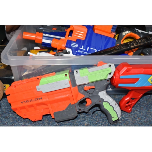 491 - FOUR BOXES AND LOOSE PLUSH TOYS, ACTION FIGURES ETC. to include five Nerf guns Alpha Trooper CS-12, ... 