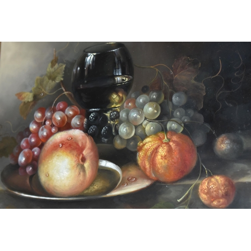 494 - SUSAN PARK (BRITISH CONTEMPORARY) A STILL LIFE STUDY OF FRUIT, grapes and other fruit with a hock gl... 