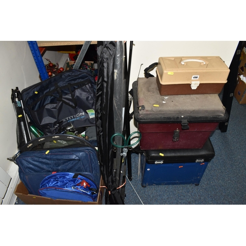 496 - TWO BOXES AND LOOSE FISHING EQUIPMENT to include three fishing cases, a box of nets and kit bags, a ... 