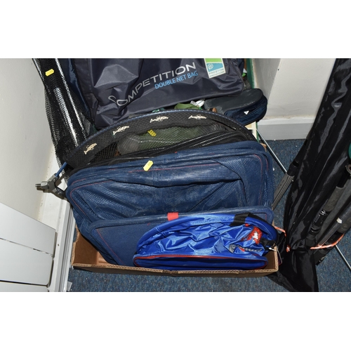 496 - TWO BOXES AND LOOSE FISHING EQUIPMENT to include three fishing cases, a box of nets and kit bags, a ... 