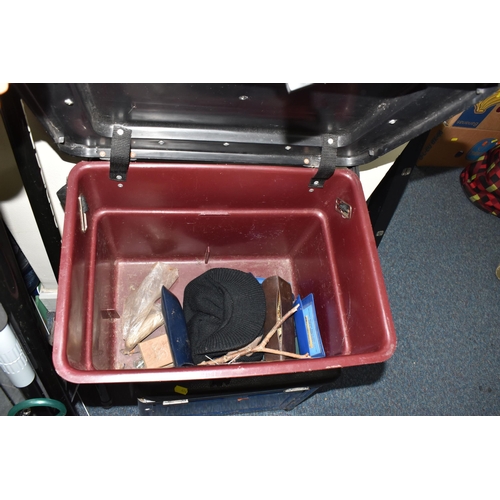 496 - TWO BOXES AND LOOSE FISHING EQUIPMENT to include three fishing cases, a box of nets and kit bags, a ... 