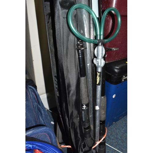 496 - TWO BOXES AND LOOSE FISHING EQUIPMENT to include three fishing cases, a box of nets and kit bags, a ... 