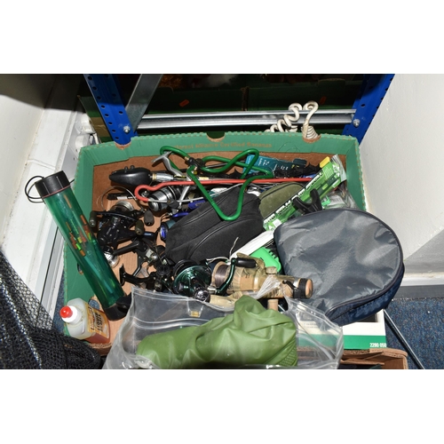 496 - TWO BOXES AND LOOSE FISHING EQUIPMENT to include three fishing cases, a box of nets and kit bags, a ... 