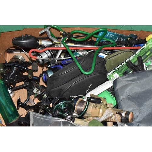 496 - TWO BOXES AND LOOSE FISHING EQUIPMENT to include three fishing cases, a box of nets and kit bags, a ... 