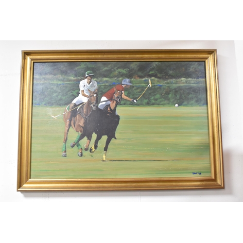 497 - TAWF (CONTEMPORARY) POLO MATCH, two male figures on Polo ponies contesting a ball during a match, si... 