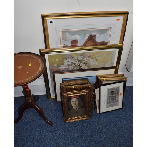 499 - A SMALL QUANTITY OF PAINTINGS AND PRINTS ETC, comprising a G.M Kemp watercolour depicting a Tudor ho... 