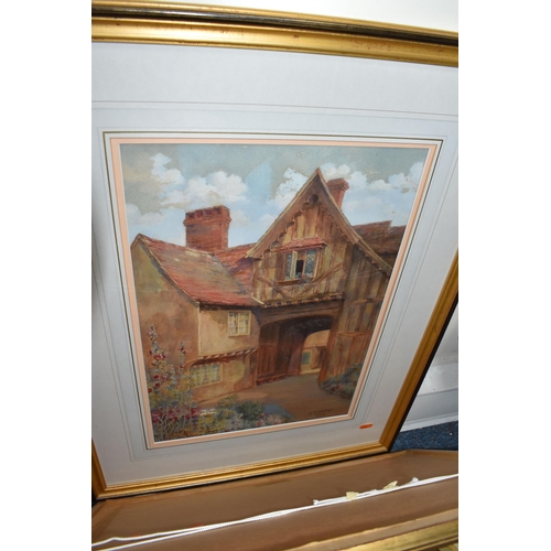 499 - A SMALL QUANTITY OF PAINTINGS AND PRINTS ETC, comprising a G.M Kemp watercolour depicting a Tudor ho... 