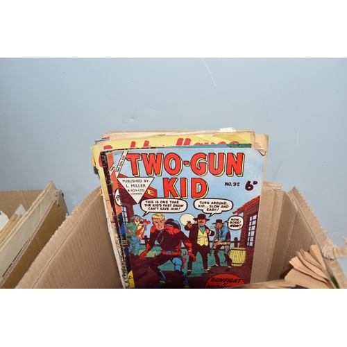 500 - TWO BOXES OF MOSTLY 1950s BRITISH MADE 'WESTERN' AND 'ADVENTURE' COMICS to include a quantity of Tar... 