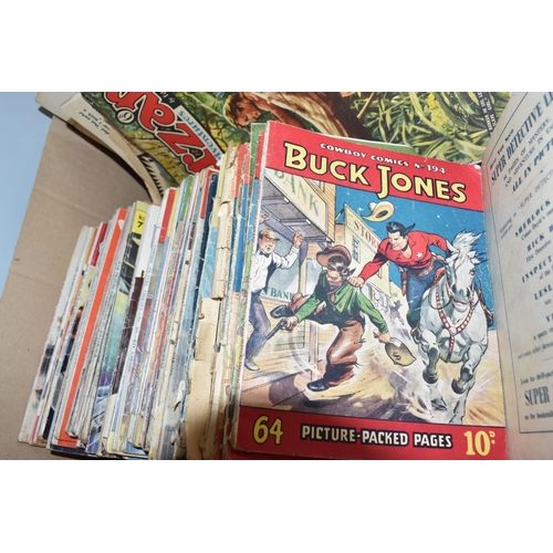 500 - TWO BOXES OF MOSTLY 1950s BRITISH MADE 'WESTERN' AND 'ADVENTURE' COMICS to include a quantity of Tar... 