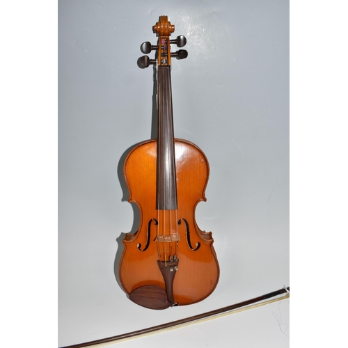 501 - A MODERN VIOLA AND BOW without a manufacturers mark with a two piece back, with a mother of pearl in... 