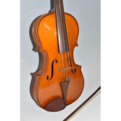 501 - A MODERN VIOLA AND BOW without a manufacturers mark with a two piece back, with a mother of pearl in... 