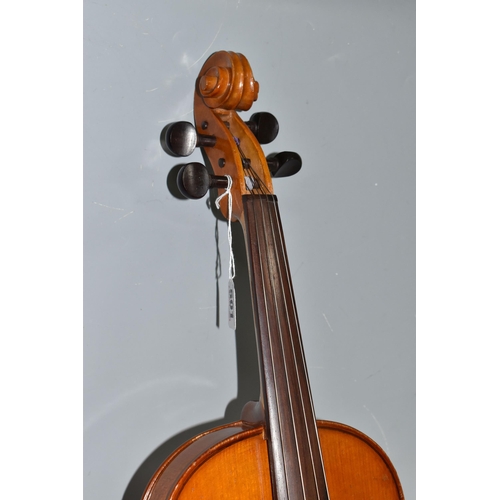 501 - A MODERN VIOLA AND BOW without a manufacturers mark with a two piece back, with a mother of pearl in... 