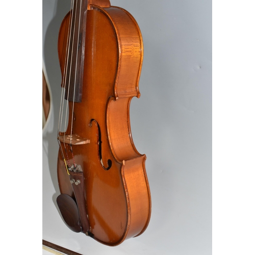 501 - A MODERN VIOLA AND BOW without a manufacturers mark with a two piece back, with a mother of pearl in... 