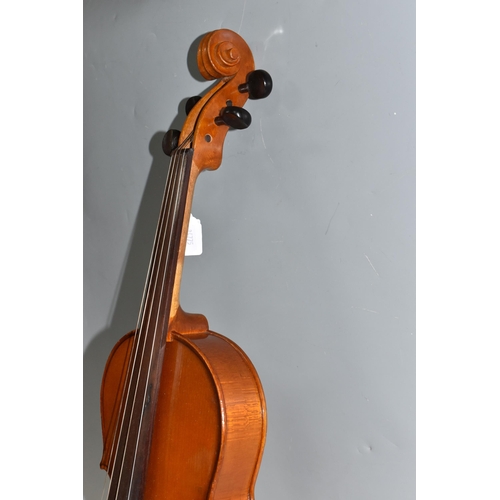 501 - A MODERN VIOLA AND BOW without a manufacturers mark with a two piece back, with a mother of pearl in... 