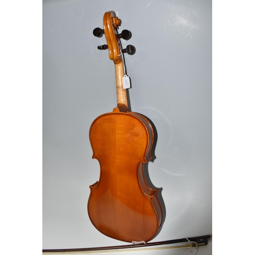 501 - A MODERN VIOLA AND BOW without a manufacturers mark with a two piece back, with a mother of pearl in... 