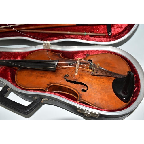 504 - A CASED VIOLIN AND BOW with a two piece back, two fine tuners installed, addition bow stick within t... 