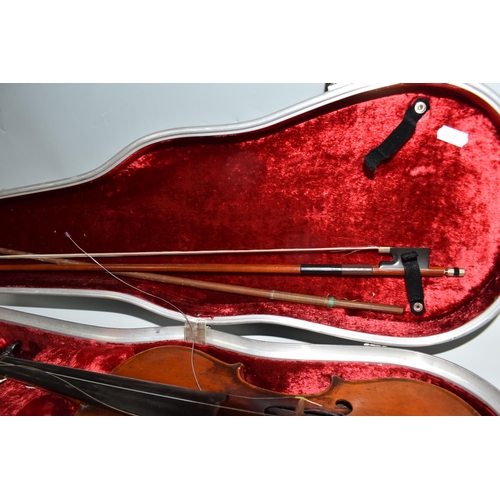 504 - A CASED VIOLIN AND BOW with a two piece back, two fine tuners installed, addition bow stick within t... 