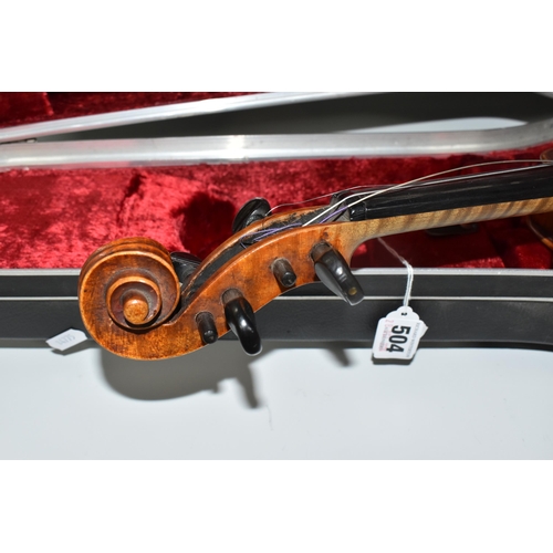 504 - A CASED VIOLIN AND BOW with a two piece back, two fine tuners installed, addition bow stick within t... 