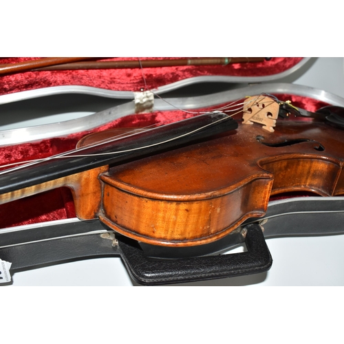 504 - A CASED VIOLIN AND BOW with a two piece back, two fine tuners installed, addition bow stick within t... 