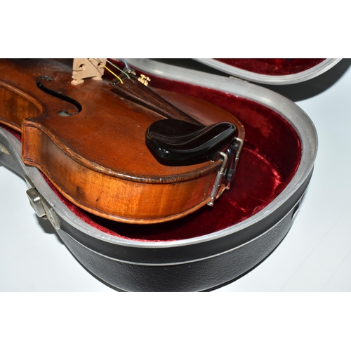 504 - A CASED VIOLIN AND BOW with a two piece back, two fine tuners installed, addition bow stick within t... 