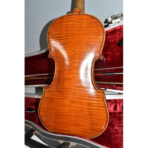 504 - A CASED VIOLIN AND BOW with a two piece back, two fine tuners installed, addition bow stick within t... 