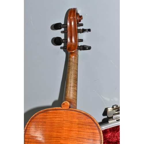 504 - A CASED VIOLIN AND BOW with a two piece back, two fine tuners installed, addition bow stick within t... 