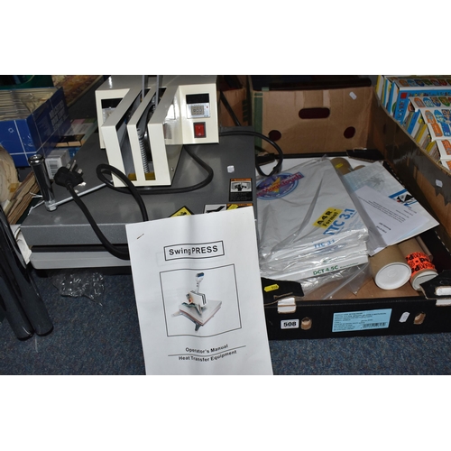 508 - A HEAT TRANSFER PRESS AND A BOX OF SUPPLIES comprising a heat transfer press unit (untested) and a b... 